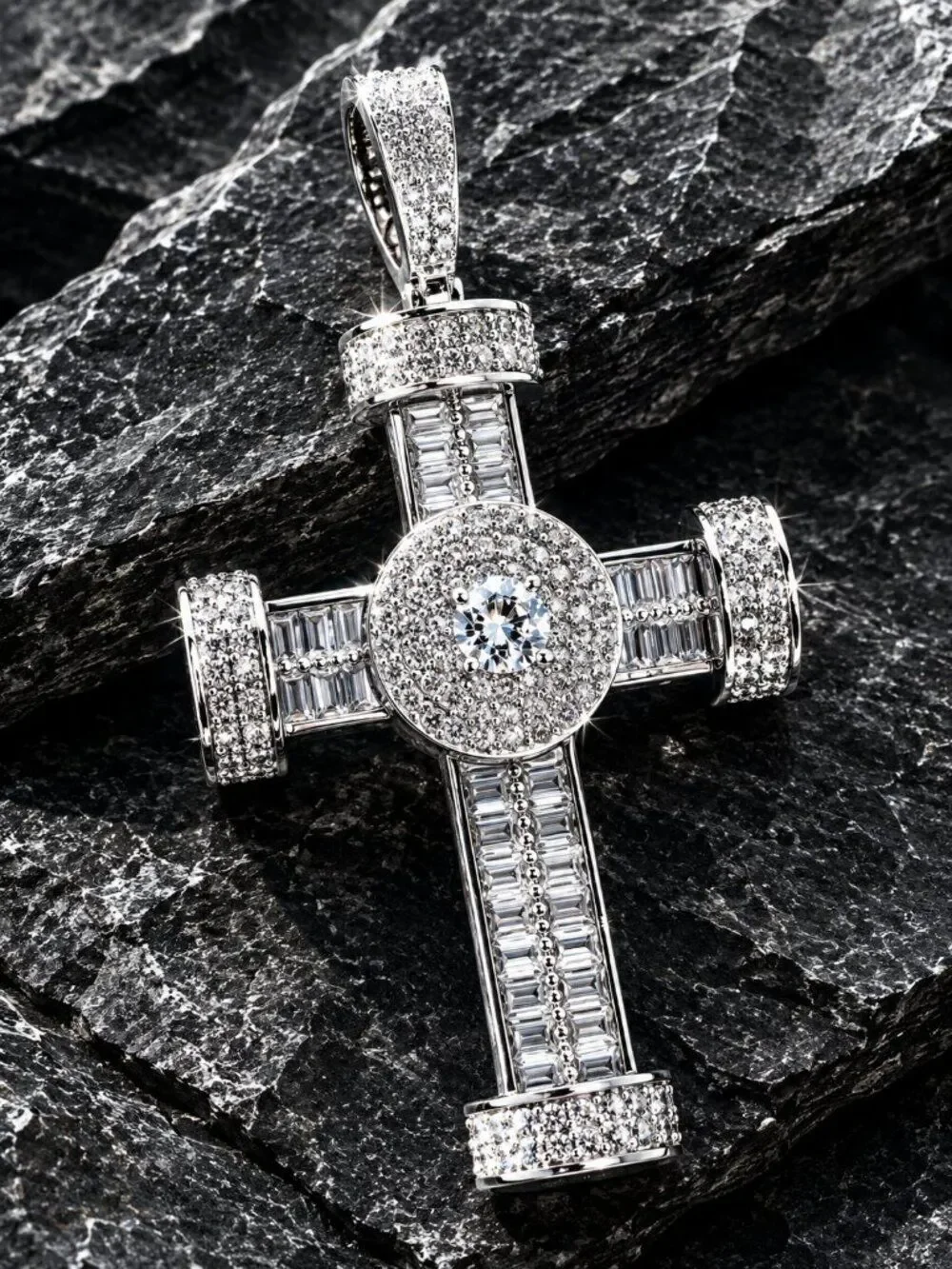 Baguette Cross in White Gold